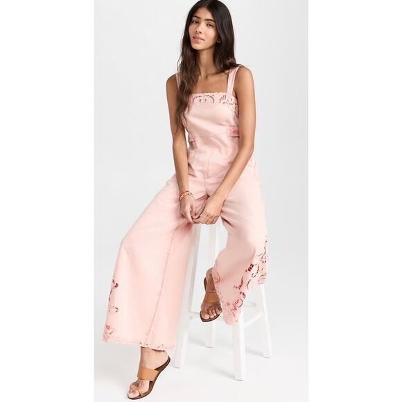 Free People Leighton Wide Leg Jumpsuit Pink Cotton Lace Overalls Denim Small - Picture 2 of 14
